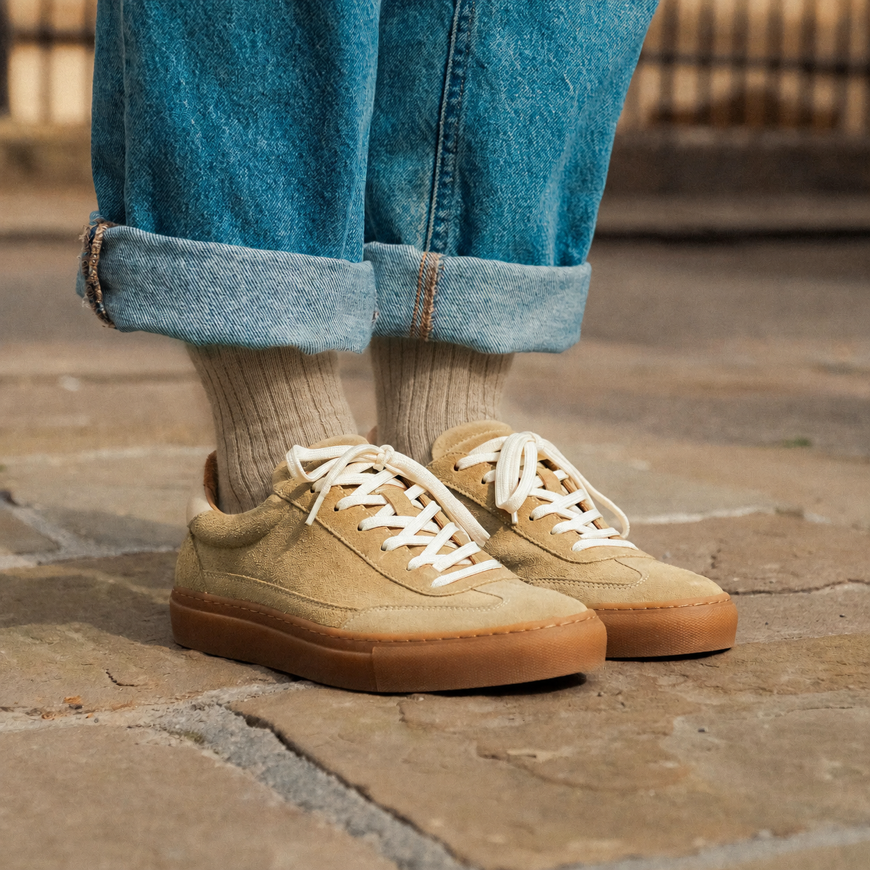 Vibram soled womens suede walking shoe close up shot