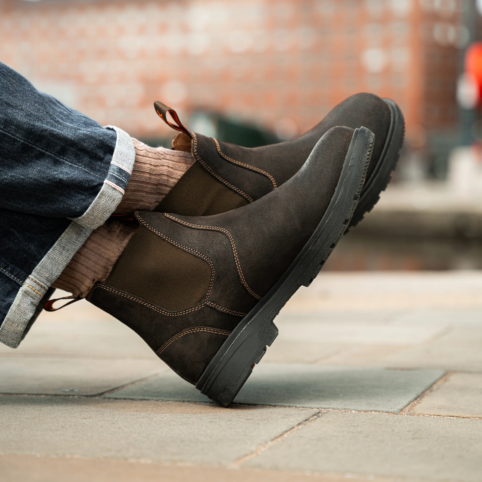 Vibram soled mens walking shoe close up shot
