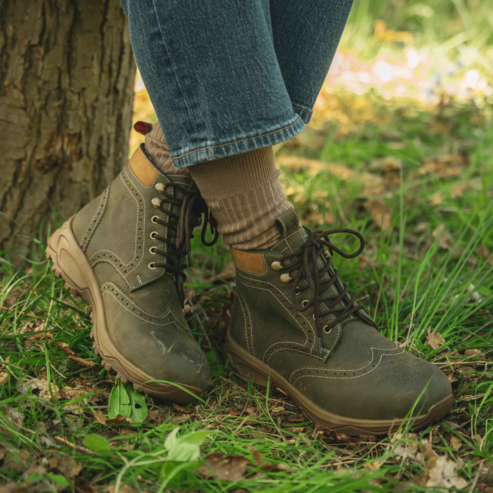 パラブーツ Women's - Khaki - Green - Leather - Derby Brogue Boots – LANX