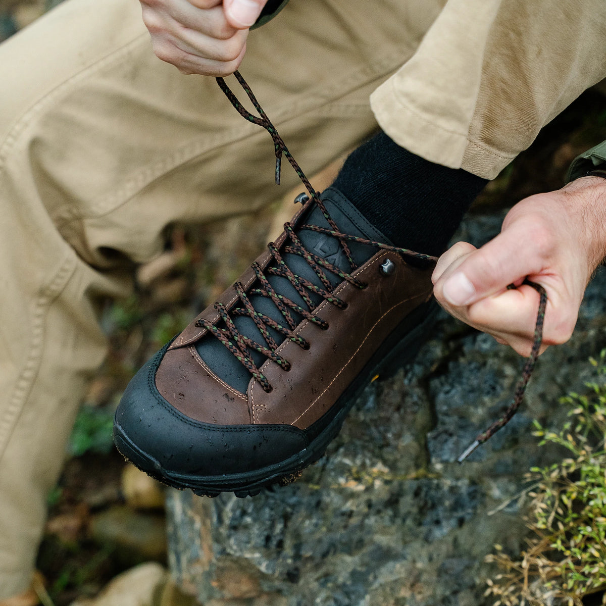 Vibram soled mens walking shoe close up shot