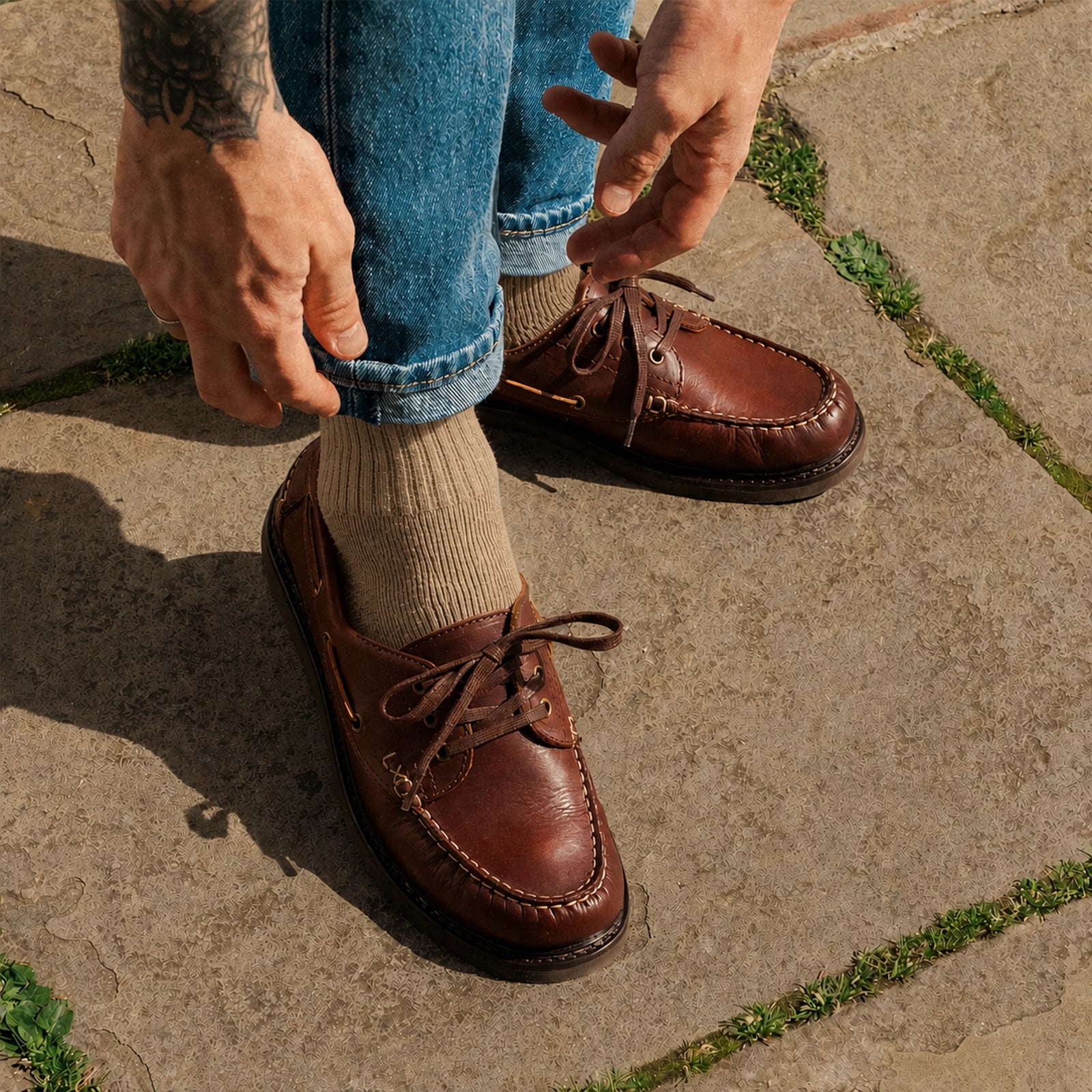 Vibram soled mens walking shoe close up shot