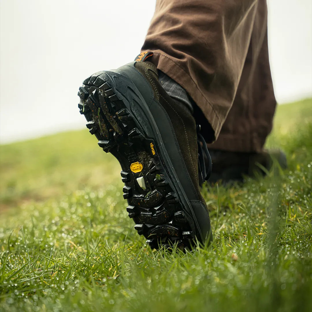 Vibram soled mens walking shoe close up shot