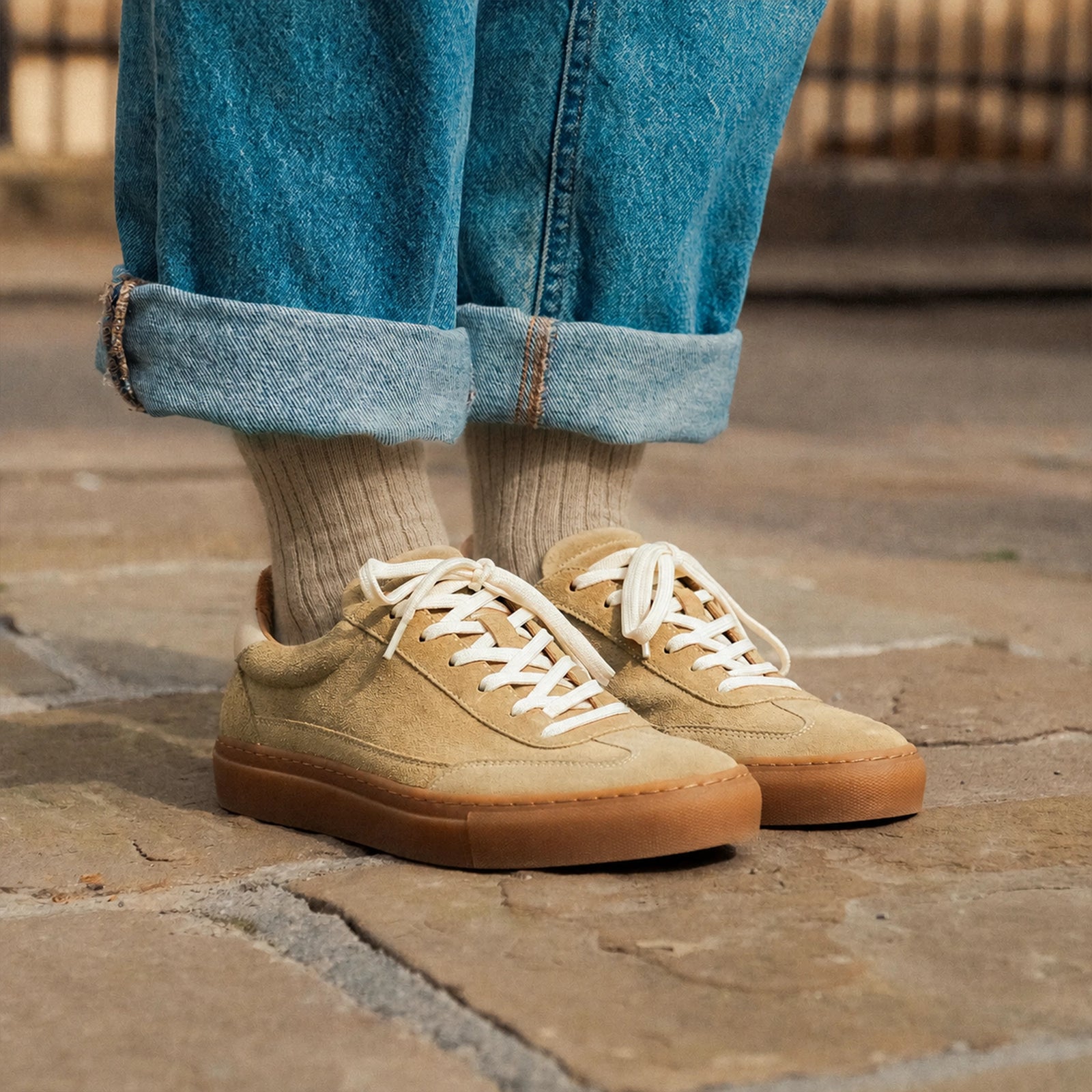 Vibram soled womens suede walking shoe close up shot