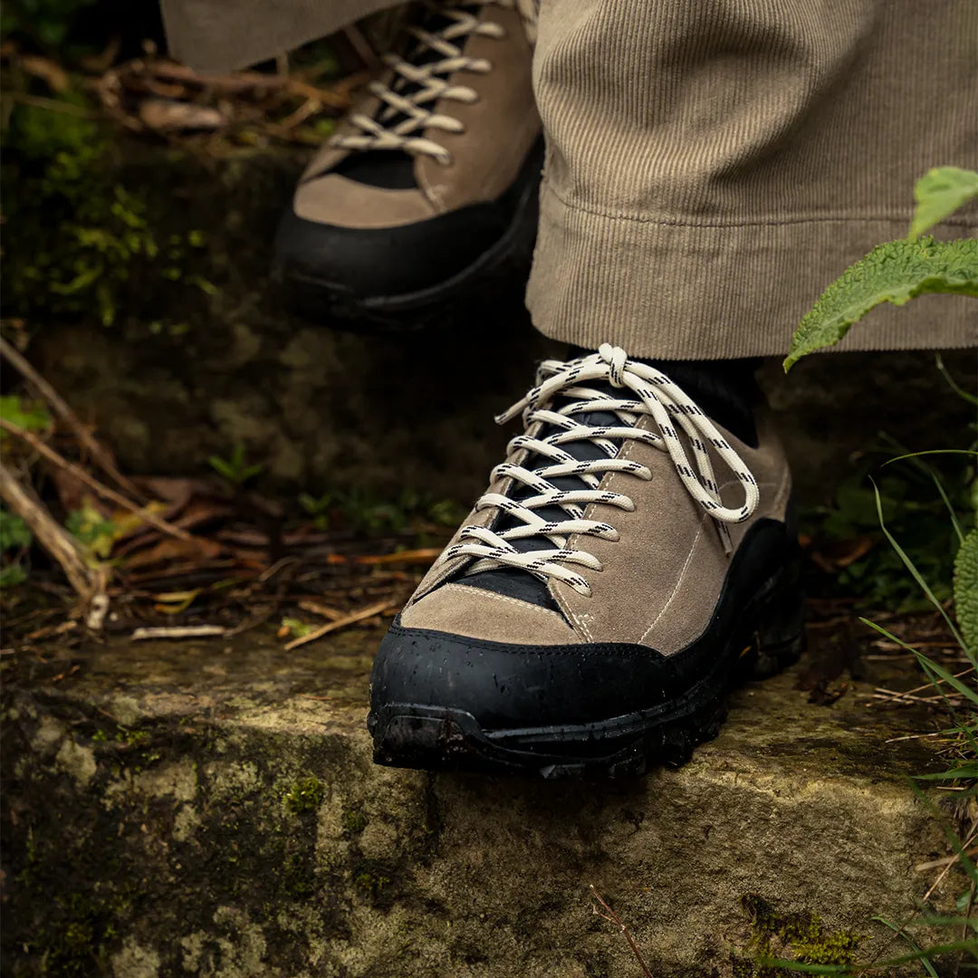 Vibram soled womens suede walking shoe close up shot